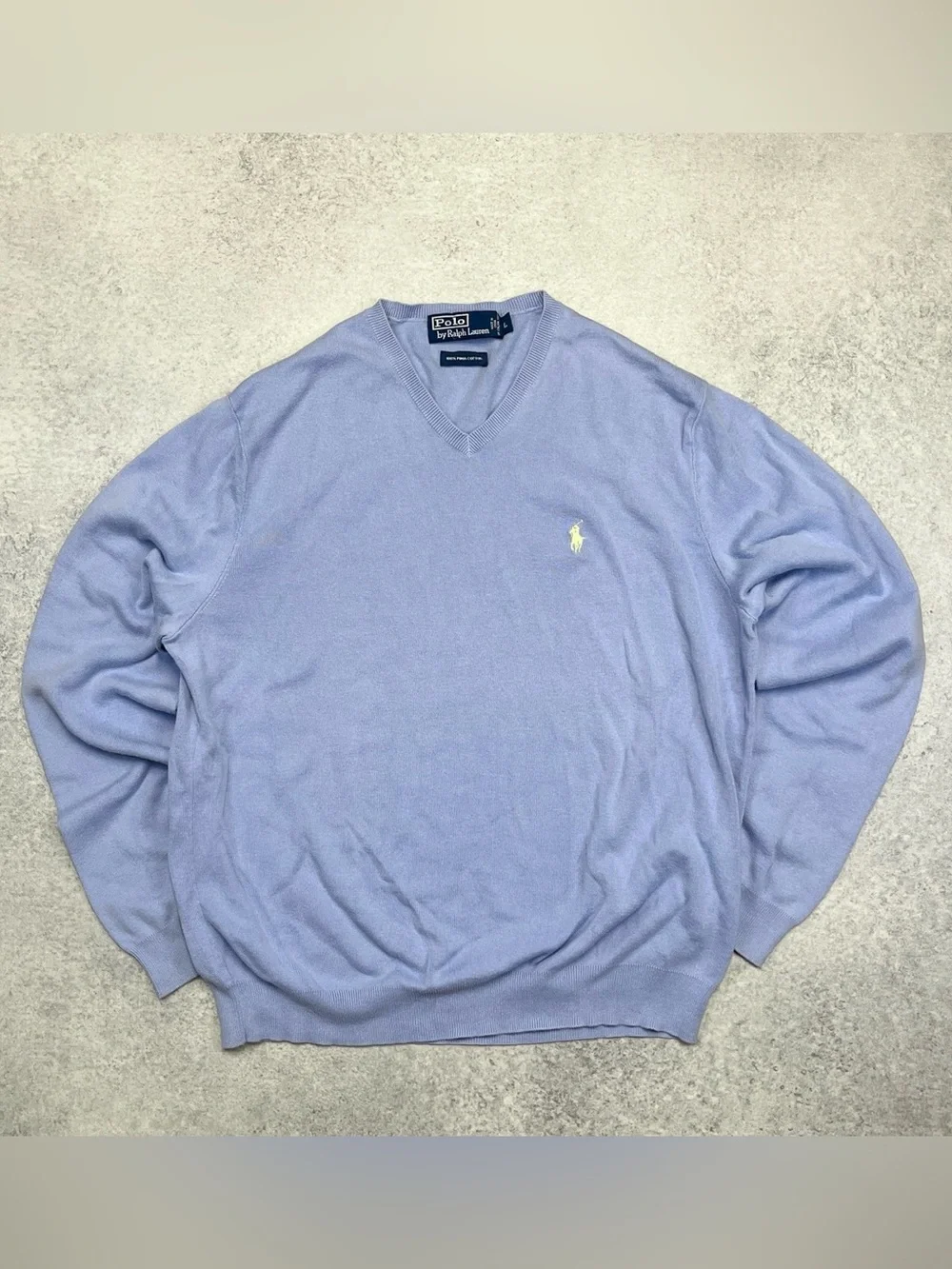Vintage Polo Ralph Lauren Light Blue Yellow Pony Pima Cotton V-neck Knit Sweater